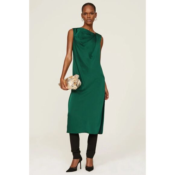 Marina Moscone x RTR Green Satin Sleeveless Satin Drape Tunic in Forest Green 2 - Picture 3 of 13